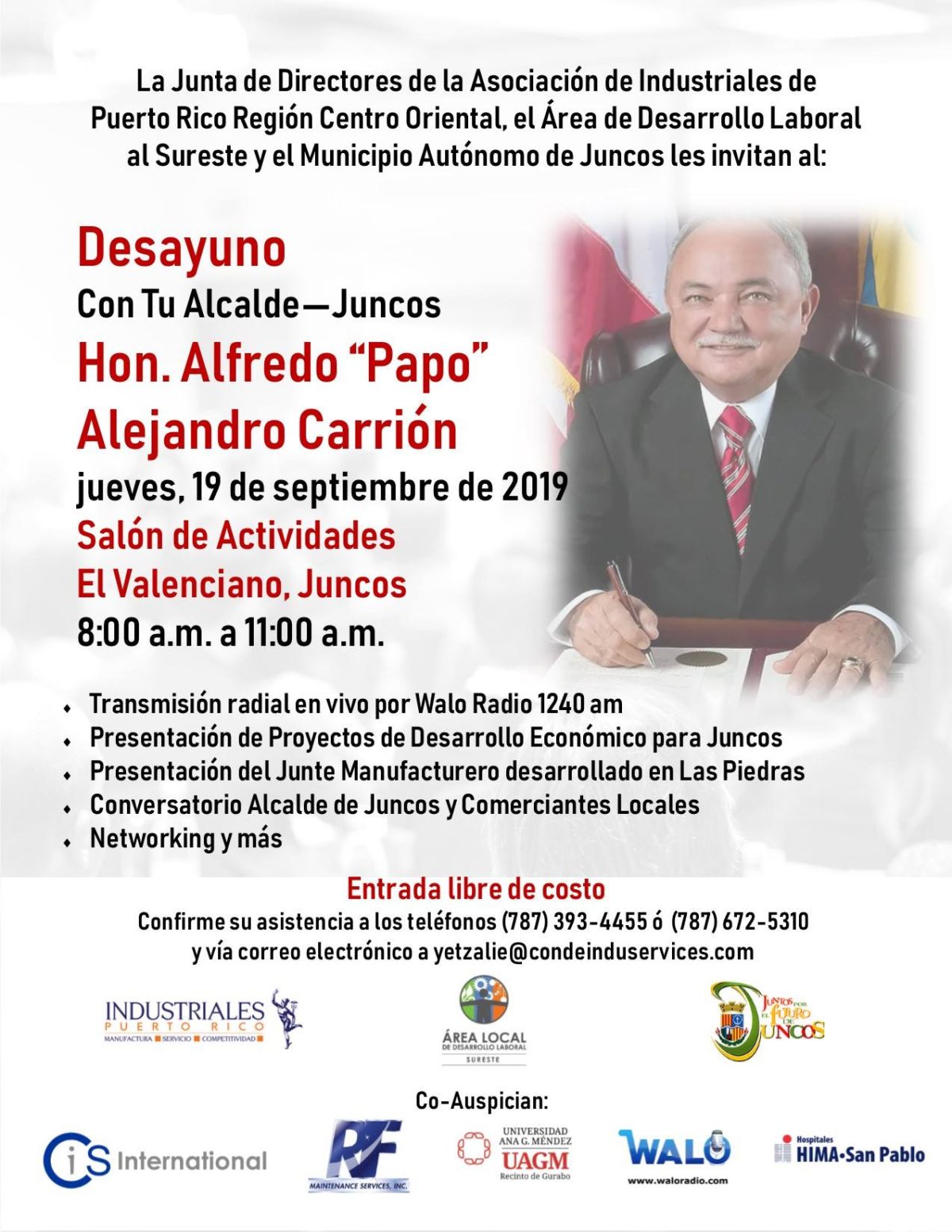 Invitación a Desayuno con Tu Alcalde de Juncos, Hon. Alfredo Alejandro Carrión